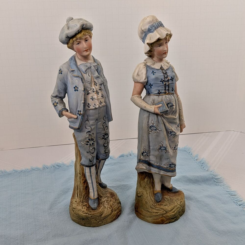 Antique German Style Bisque Porcelain Figurines Pair 11" Boy & Girl Pastel Blue